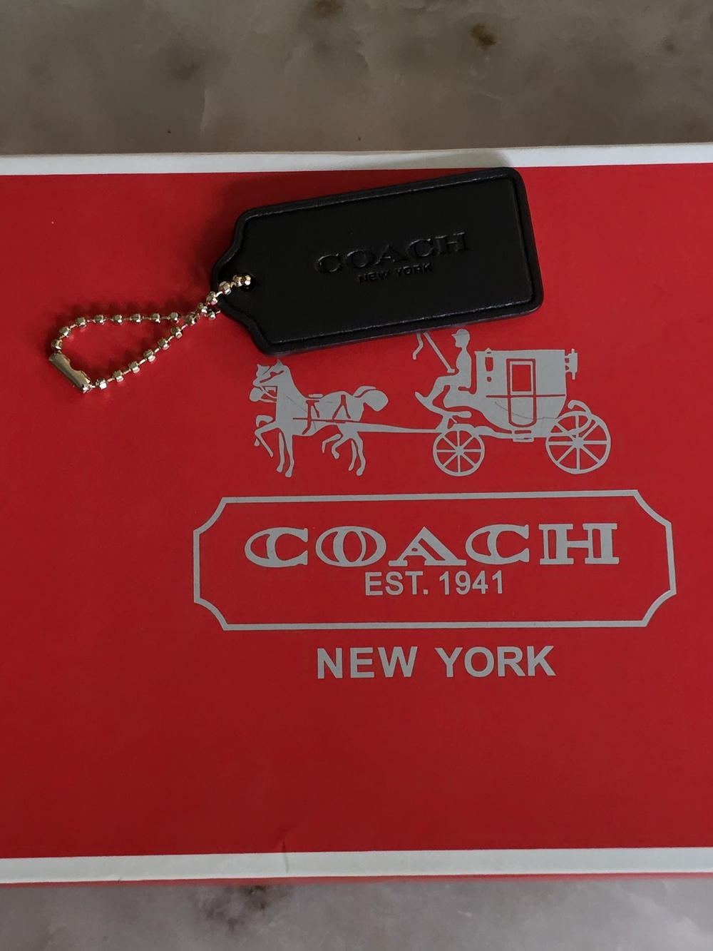 Coach Black Leather Hangtag with Gold Ball Chain